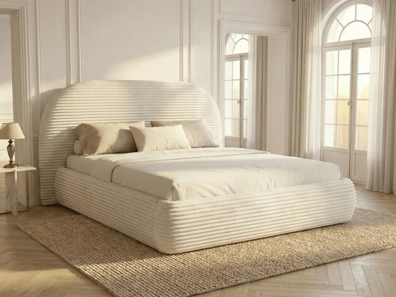 Lit coffre ALMA en velours côtelé grande épaisseur – Lit design arrondi avec rangement intégré – 160x200 ou 180x200
