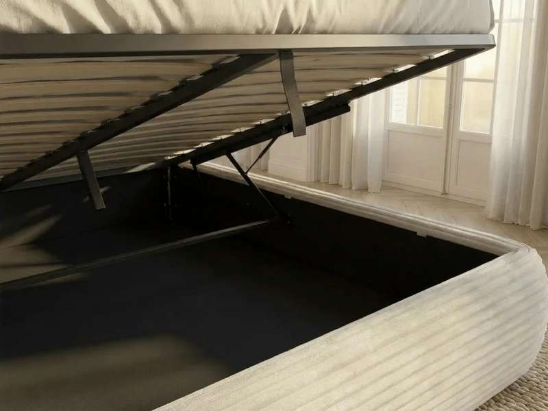 Lit coffre ALMA en velours côtelé grande épaisseur – Lit design arrondi avec rangement intégré – 160x200 ou 180x200