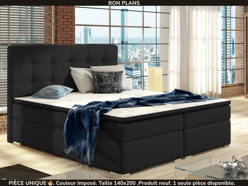 Lit boxspring complet tête de lit + sommiers + matelas + surmatelas Ines - 140x200 Tissu Noir