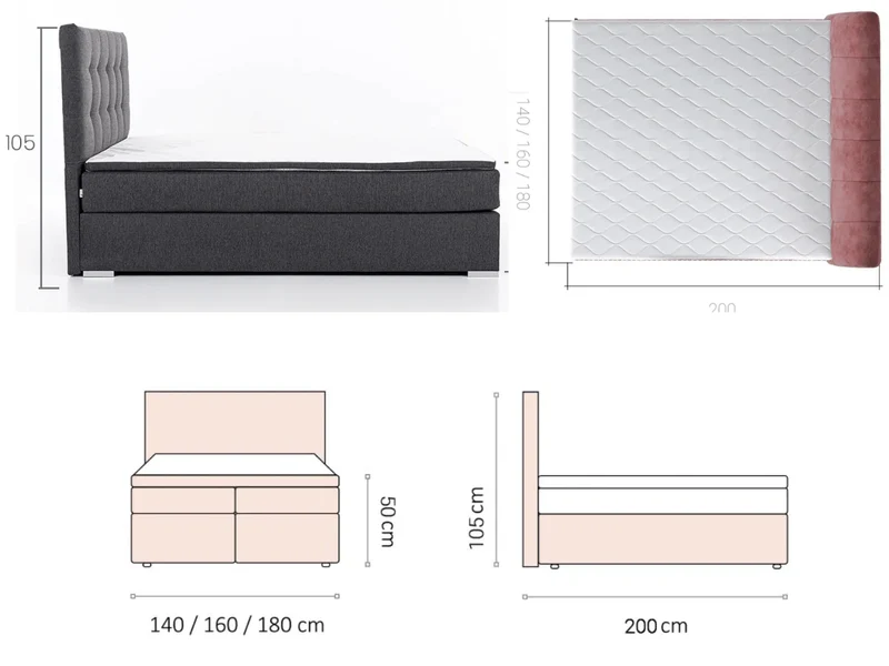 Lit boxspring complet tête de lit + sommiers + matelas + surmatelas Ines - 140x200 Tissu Noir