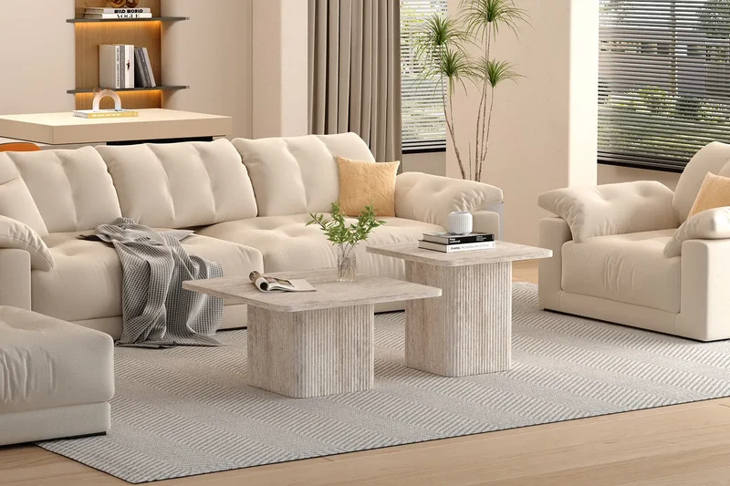 Lot de 2 Tables basses Effet Travertin Beige NOLYA - 52x60 cm et 80x80 cm
