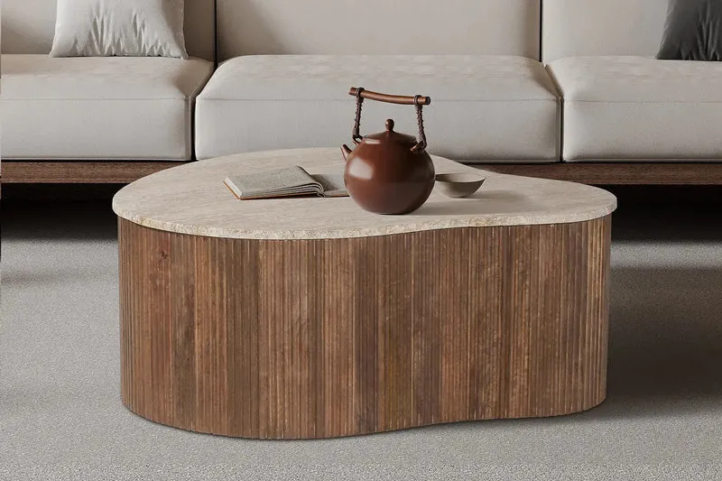Table basse en Bois de Manguier avec un plateau en Travertin Beige ELY - 83 cm