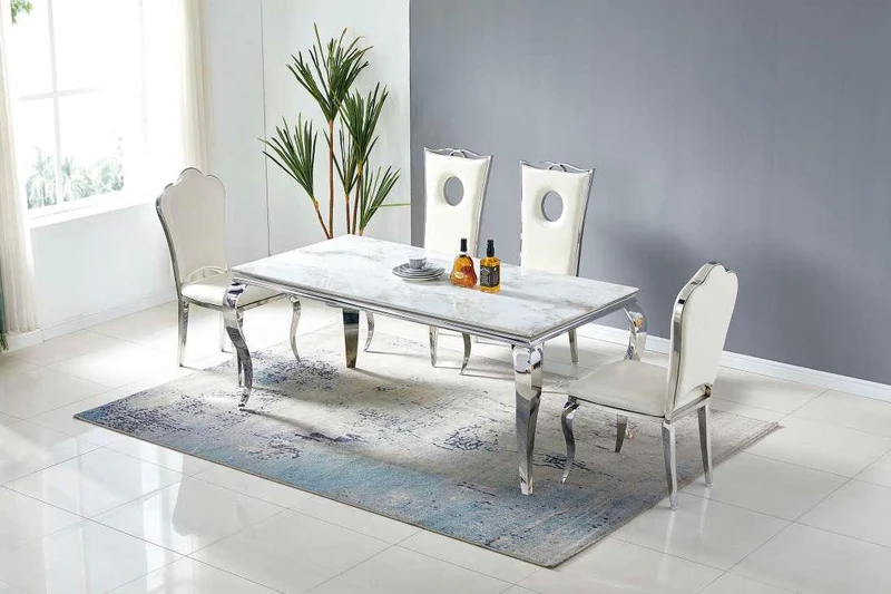 Table à manger Victoria marbre blanc pieds chrome