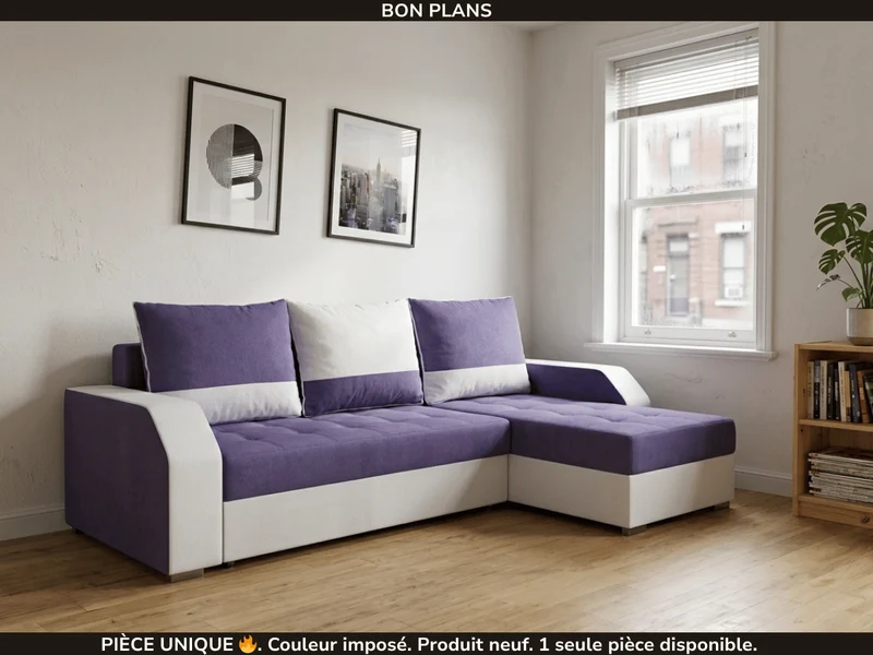 Canapé d'angle convertible réversible Aris tissu violet (prune) & simili cuir blanc