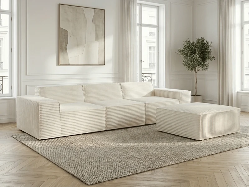 Canapé Villiers – Canapé d’angle modulable 3 places avec pouf – Velours côtelé épais