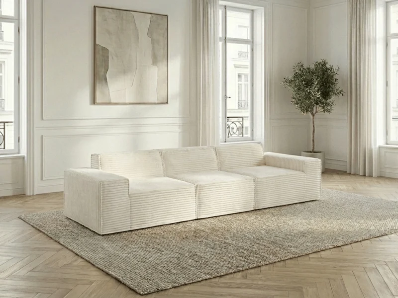 Canapé Villiers – Canapé d’angle modulable 3 places avec pouf – Velours côtelé épais