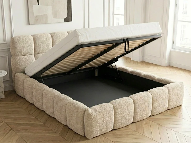 Lit coffre MONCEAU – Tête de lit capitonnée design en velours ou bouclette – Coffre de rangement intégré