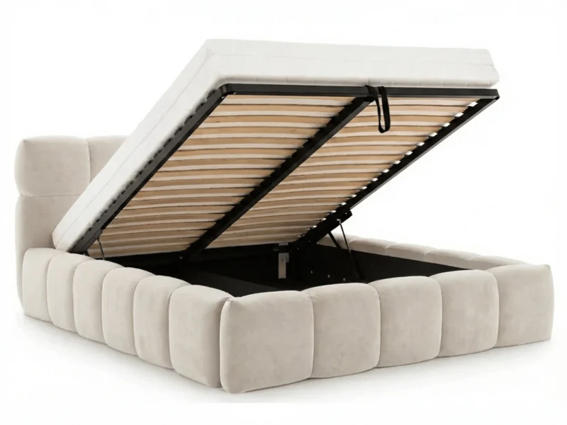 Lit coffre MONCEAU – Tête de lit capitonnée design en velours ou bouclette – Coffre de rangement intégré