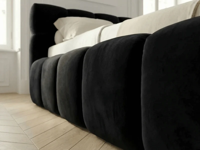 Lit coffre MONCEAU – Tête de lit capitonnée design en velours ou bouclette – Coffre de rangement intégré