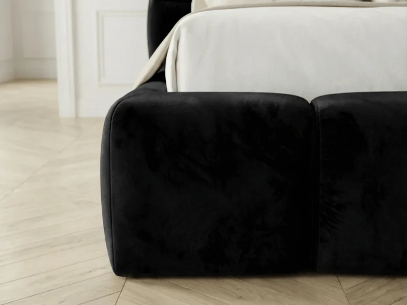 Lit coffre MONCEAU – Tête de lit capitonnée design en velours ou bouclette – Coffre de rangement intégré