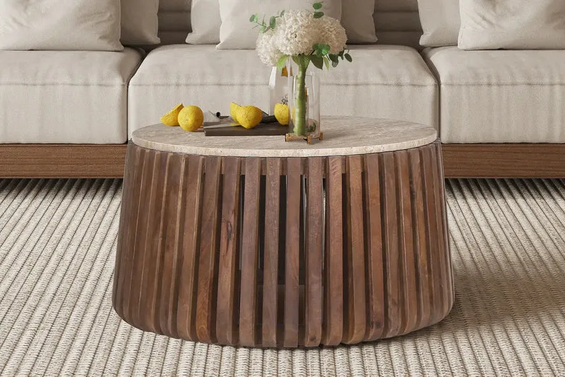 Table basse Ronde en Bois de manguier avec plateau en Travertin Beige EYAN - 70 cm