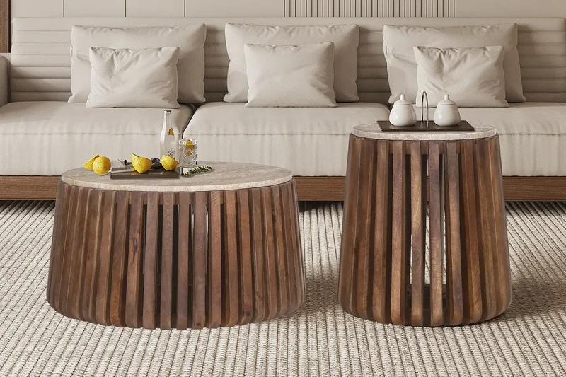 Table basse Ronde en Bois de manguier avec plateau en Travertin Beige EYAN - 70 cm