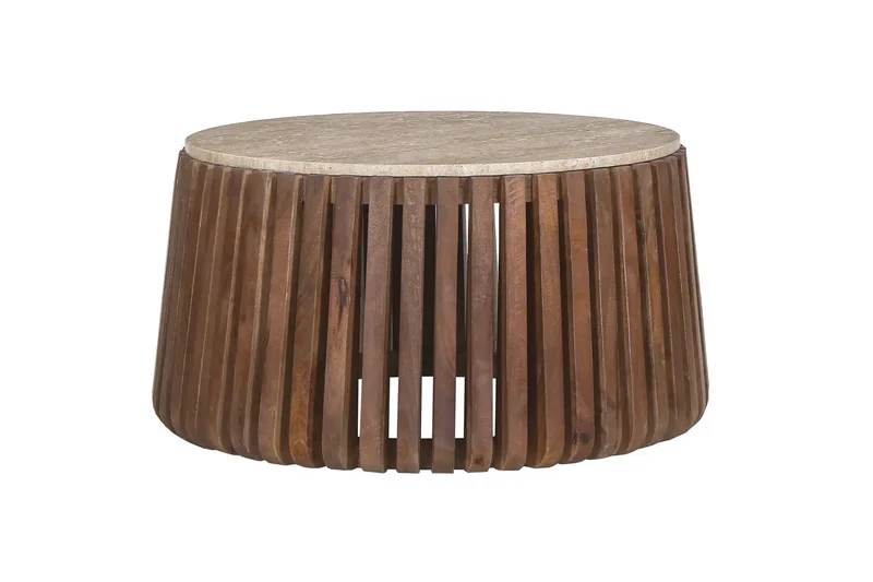 Table basse Ronde en Bois de manguier avec plateau en Travertin Beige EYAN - 70 cm