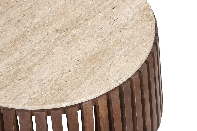 Table basse Ronde en Bois de manguier avec plateau en Travertin Beige EYAN - 70 cm