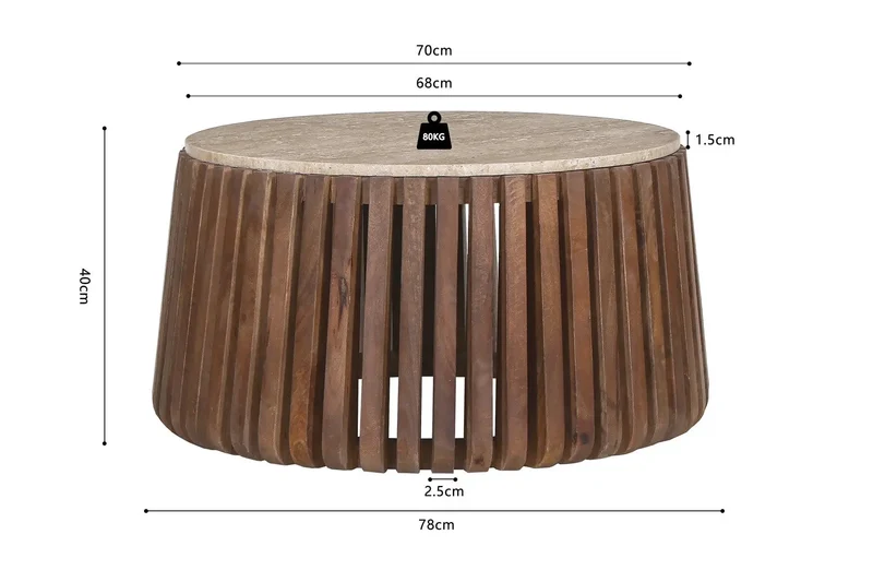 Table basse Ronde en Bois de manguier avec plateau en Travertin Beige EYAN - 70 cm