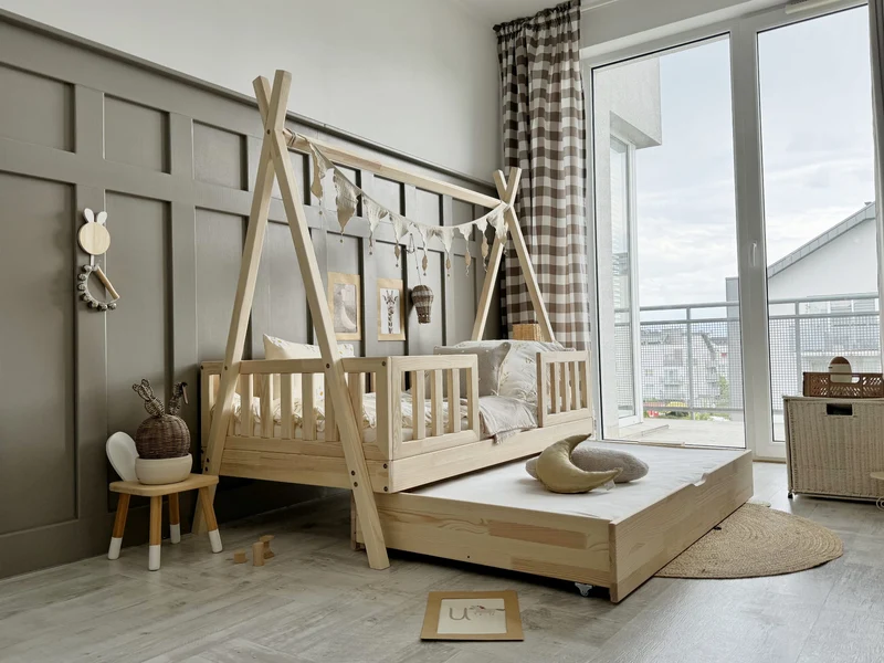 Lit simple tipi en bois avec barrière et tiroir, entrée centrale • Nohr