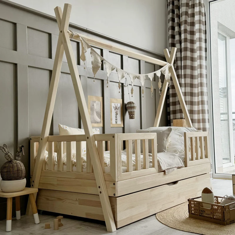 Lit simple tipi en bois avec barrière et tiroir, entrée centrale • Nohr