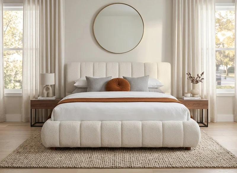 Lit double en tissu bouclette beige 180x200 cm RILEY
