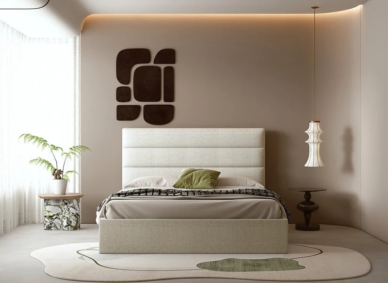 Lit coffre en tissu lin beige 180 x 200 cm SHANNA