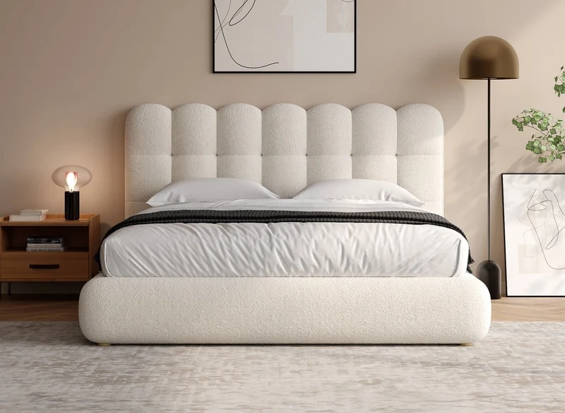 Lit double en tissu bouclette beige 180x200cm BISCUIT