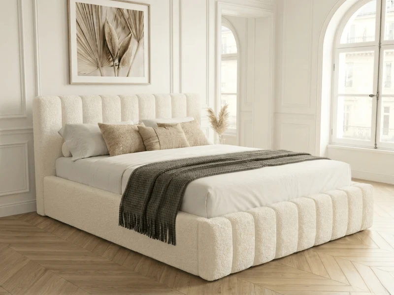Lit coffre CAROLINE – Lit design rembourré avec rangement intégré, disponible en bouclé blanc, velours côtelé ou velours lisse