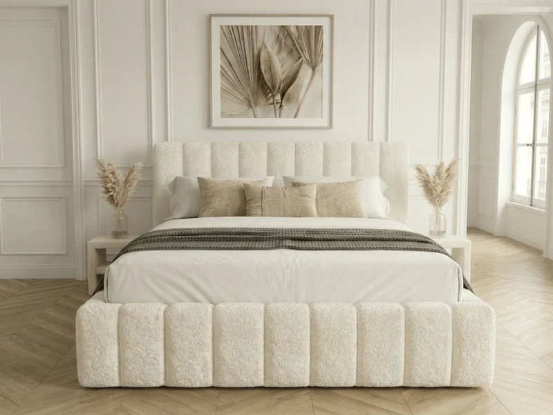 Lit coffre CAROLINE – Lit design rembourré avec rangement intégré, disponible en bouclé blanc, velours côtelé ou velours lisse