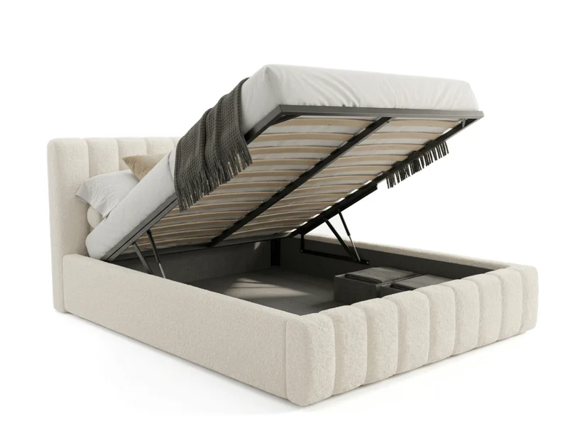 Lit coffre CAROLINE – Lit design rembourré avec rangement intégré, disponible en bouclé blanc, velours côtelé ou velours lisse
