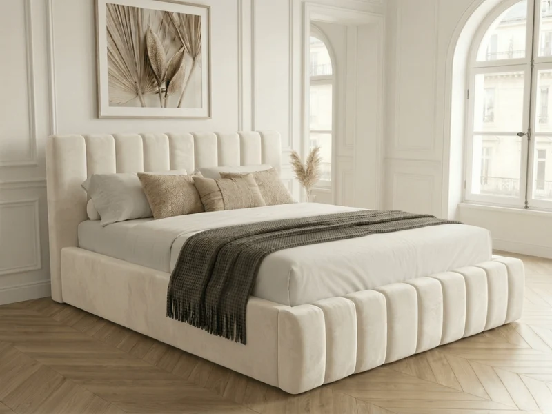 Lit coffre CAROLINE – Lit design rembourré avec rangement intégré, disponible en bouclé blanc, velours côtelé ou velours lisse