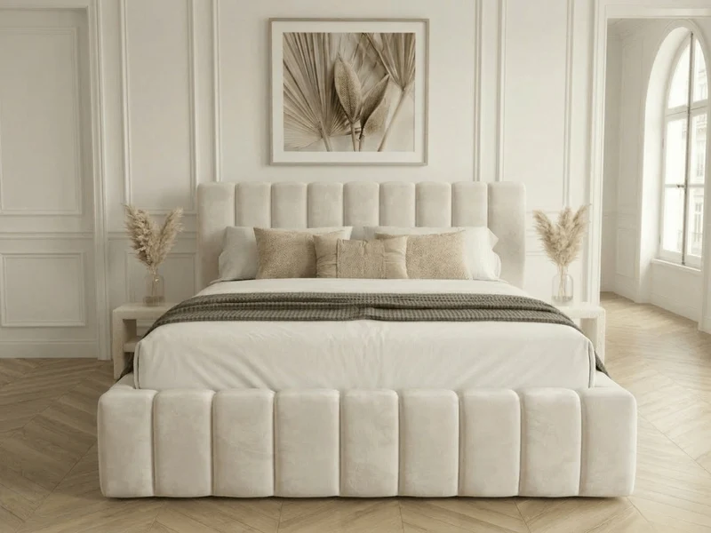 Lit coffre CAROLINE – Lit design rembourré avec rangement intégré, disponible en bouclé blanc, velours côtelé ou velours lisse