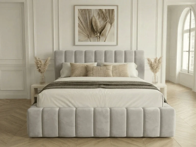 Lit coffre CAROLINE – Lit design rembourré avec rangement intégré, disponible en bouclé blanc, velours côtelé ou velours lisse