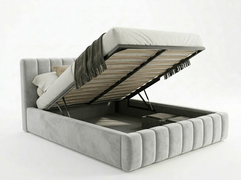 Lit coffre CAROLINE – Lit design rembourré avec rangement intégré, disponible en bouclé blanc, velours côtelé ou velours lisse