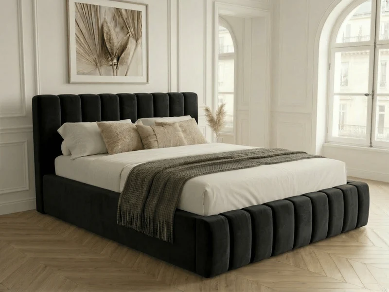 Lit coffre CAROLINE – Lit design rembourré avec rangement intégré, disponible en bouclé blanc, velours côtelé ou velours lisse