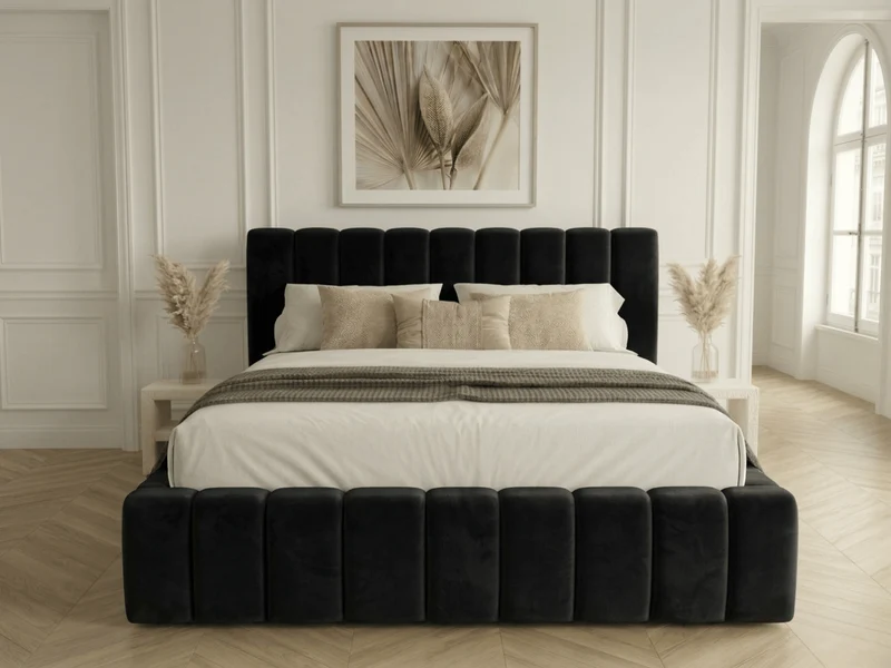 Lit coffre CAROLINE – Lit design rembourré avec rangement intégré, disponible en bouclé blanc, velours côtelé ou velours lisse
