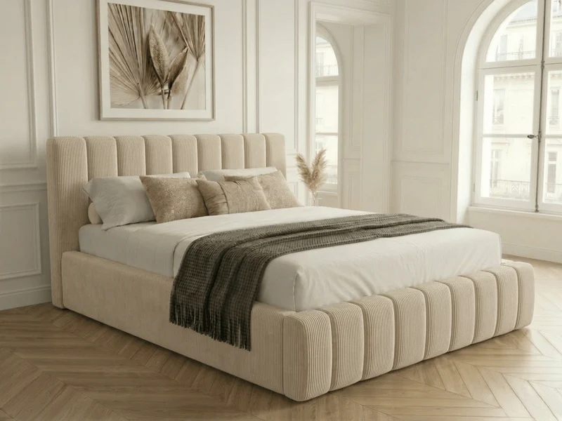 Lit coffre CAROLINE – Lit design rembourré avec rangement intégré, disponible en bouclé blanc, velours côtelé ou velours lisse