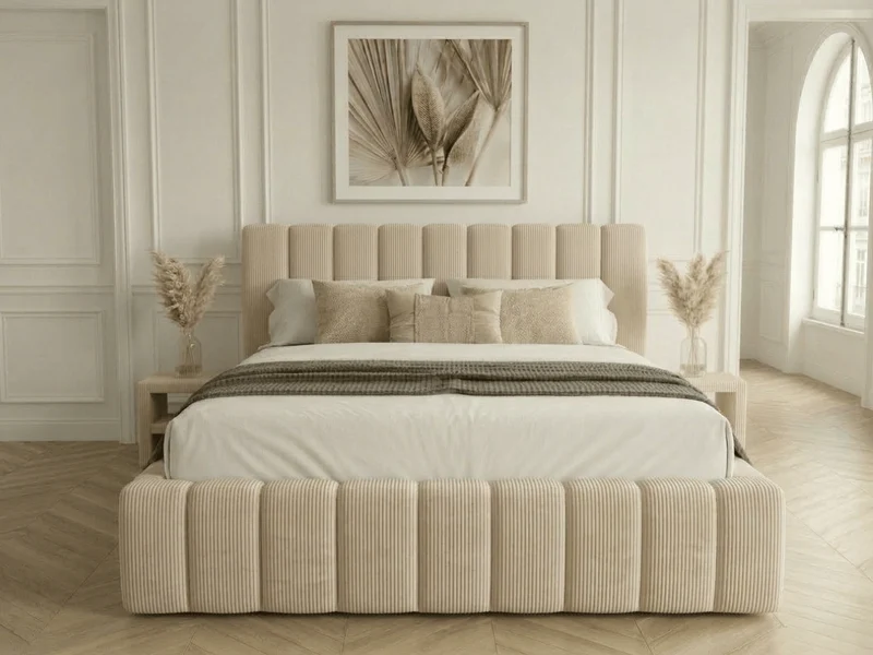 Lit coffre CAROLINE – Lit design rembourré avec rangement intégré, disponible en bouclé blanc, velours côtelé ou velours lisse