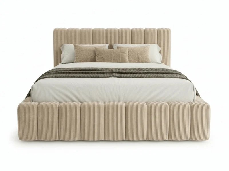 Lit coffre CAROLINE – Lit design rembourré avec rangement intégré, disponible en bouclé blanc, velours côtelé ou velours lisse