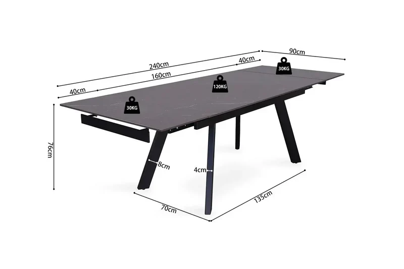 Table Extensible Rectangulaire Plateau en Pierre HIRA - 160 à 240 cm
