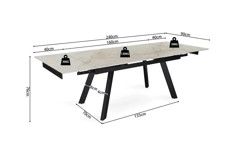 Table Extensible Rectangulaire Plateau en Pierre HIRA - 160 à 240 cm