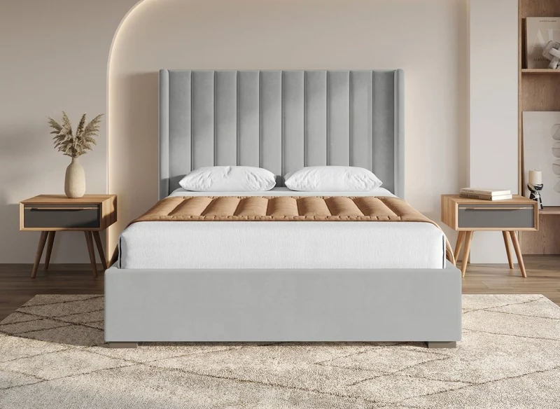 Lit coffre en velours gris 160x200 cm ALENA