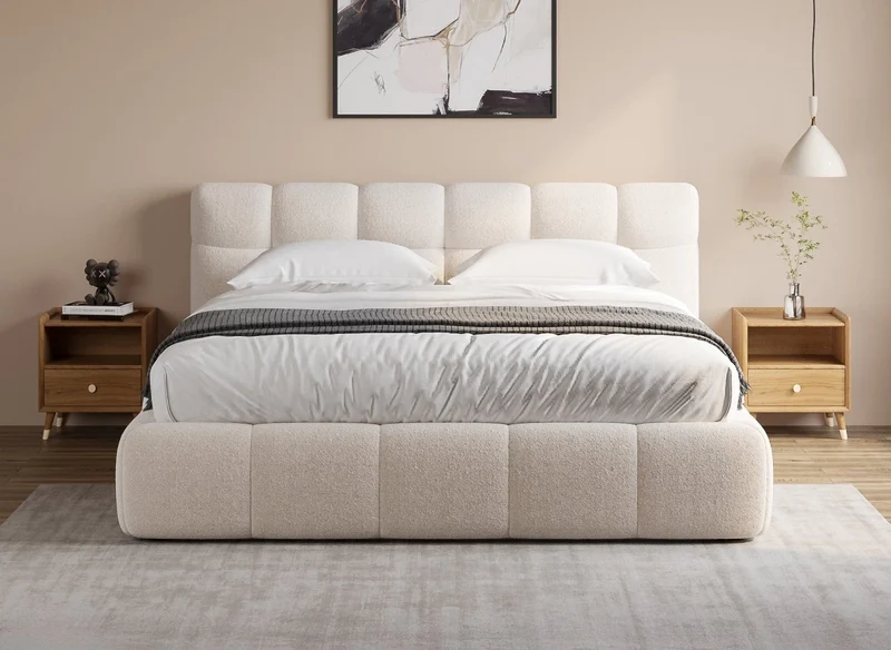 Lit double en tissu bouclette écru 140x190 cm GEORGINA