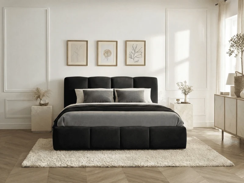 Lit coffre BUBBLE en velours – Lit double design avec rangement intégré et tête de lit épaisse rembourrée – Beige, Gris, Noir
