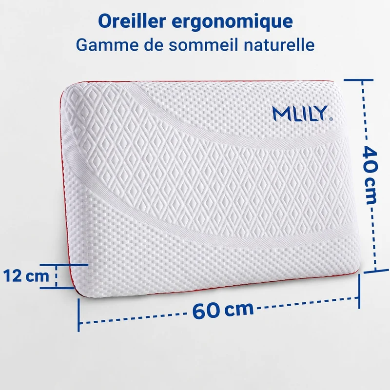 MLILY | Oreiller ergonomique à mémoire de forme – 60 x 40 x 12 cm
