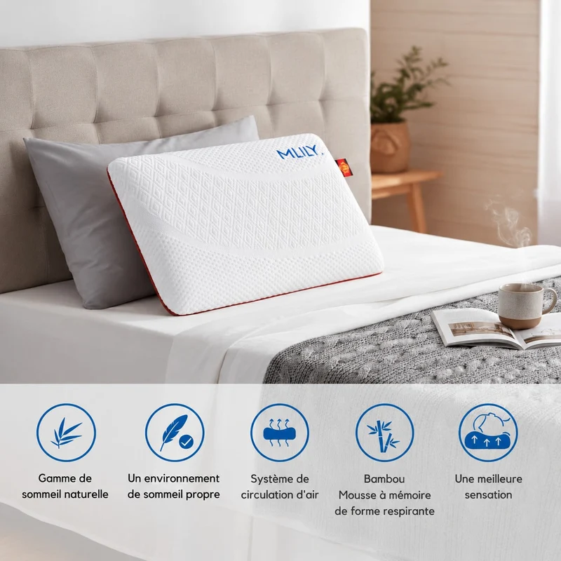 MLILY | Oreiller ergonomique à mémoire de forme – 60 x 40 x 12 cm