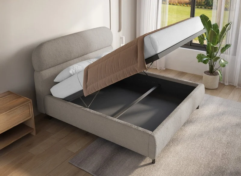 Lit coffre en velours chiné taupe 140x190cm MELO