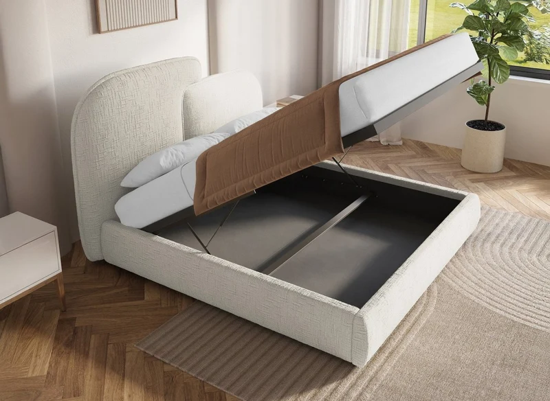 Lit coffre en velours chiné beige 140x190 cm MILENA