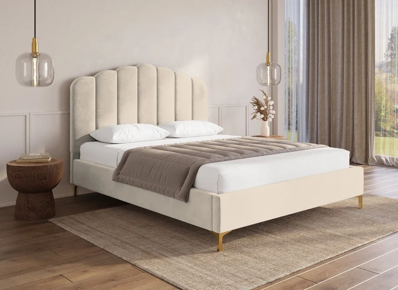 Lit double en velours beige 160x200 cm MARION