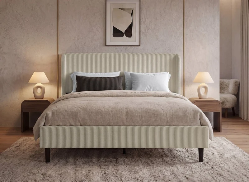 Lit double en velours côtelé épais taupe 160x200cm LEVY