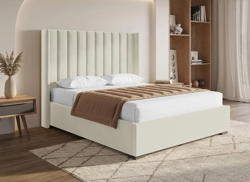 Lit coffre en velours beige 160x200 cm ALENA