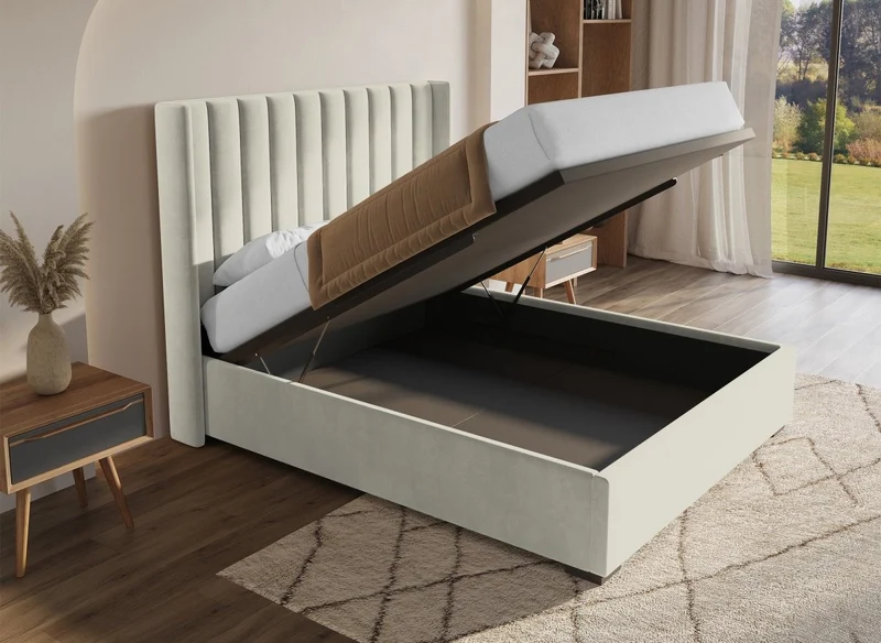 Lit coffre en velours beige 160x200 cm ALENA