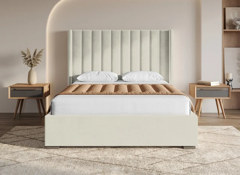 Lit coffre en velours beige 160x200 cm ALENA